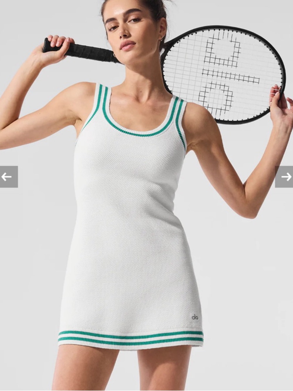 Alo White Tennis Dress and sweater with Green Stripe Trim